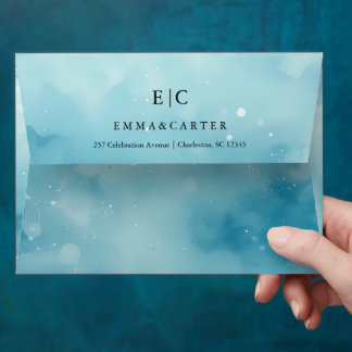 Enveloppe Aquarelle Océan Bleu avec Mariage de script élégan