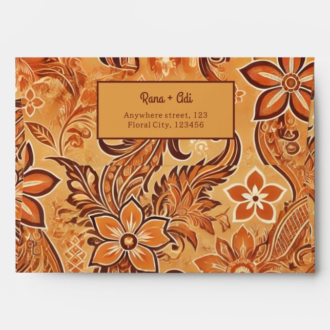 Enveloppe Aquarelle Orange Terracotta Batik Motif Floral (Dos (Haut rabat))