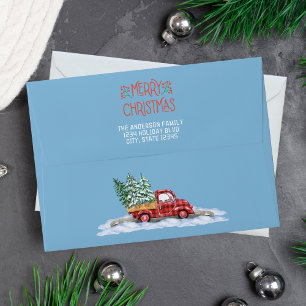 Enveloppe Aquarelle Plaid Camion Rouge Bleu Joyeux Noël
