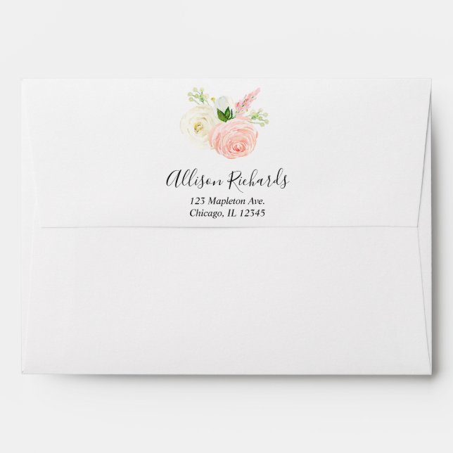 Enveloppe Aquarelle rose blanc vert rose floral élégant (Dos (Haut rabat))
