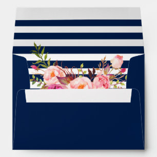 Enveloppe Aquarelle rose Floral Marine Bleu rayures