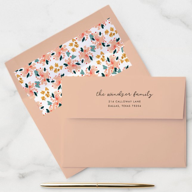 Enveloppe Aquarelle rose Jardin Floral (Soft pink return address envelope with beautiful watercolor floral garden liner.)