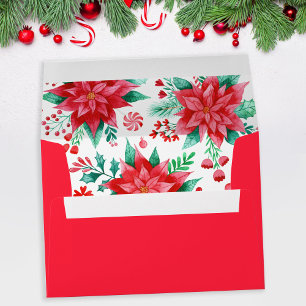 Enveloppe Aquarelle rouge Poinsettia Fleurs Noël