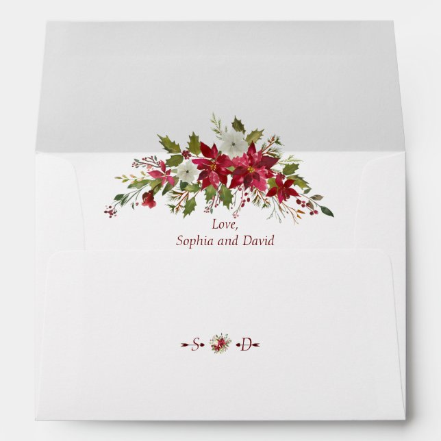 Enveloppe Aquarelle Rouge Poinsettia Mariage Adresse de reto (Dos (Bas))