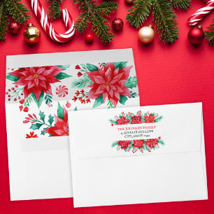 Enveloppe Aquarelle rouge Poinsettia Noël floral