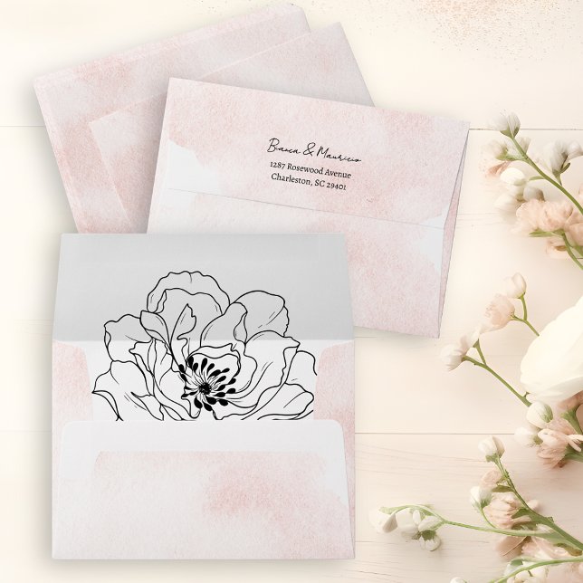 Enveloppe Aquarelle transparente avec Flore noire élégante (Blush Watercolor with Elegant Black Flora Envelope)