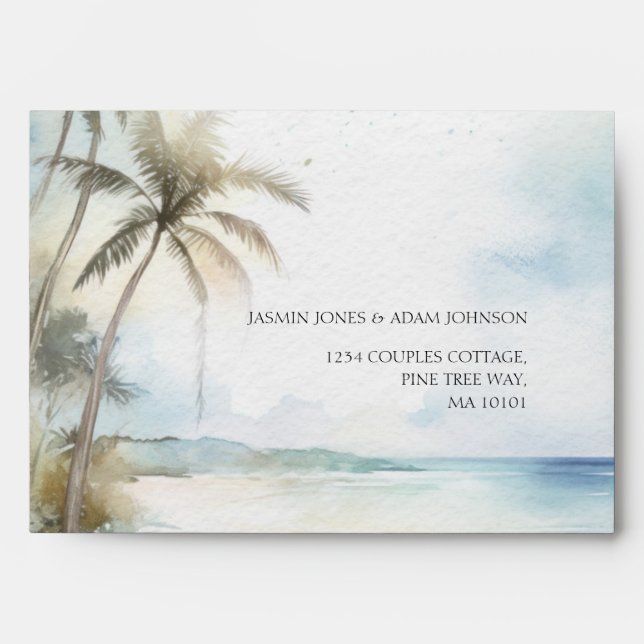 Enveloppe Aquarelle Tropical Beach Palm Trees Mariage (Devant)