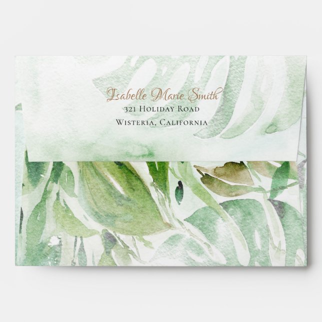 Enveloppe Aquarelle Tropical Green Monstera Feuille Invitati (Dos (Haut rabat))