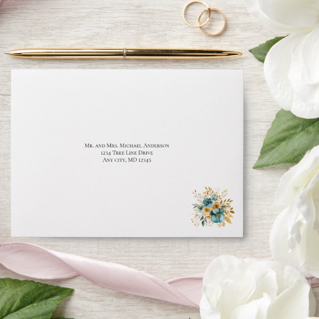 Enveloppe Aquarelle turquoise or Floral Mariage douche nupti (Wedding)