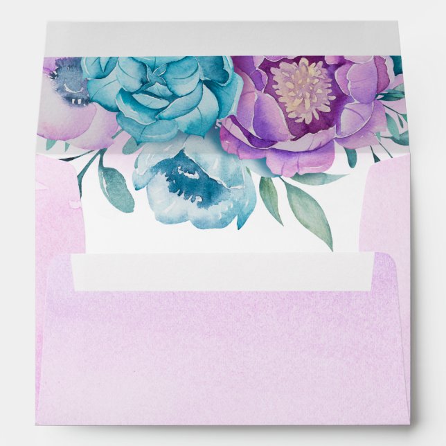 Enveloppe Aquarelle Turquoise violet Bat mitzvah Floral A7 (Dos (Bas))