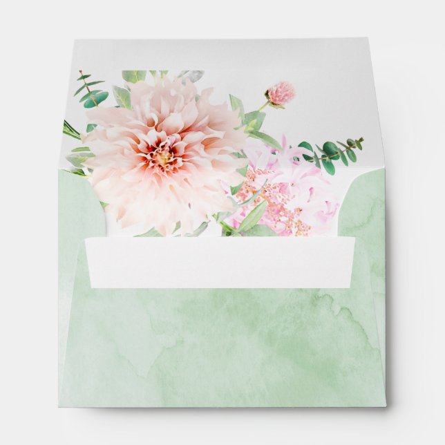 Enveloppe Aquarelle vert et rose pâle Dahlia (Dos (Bas))