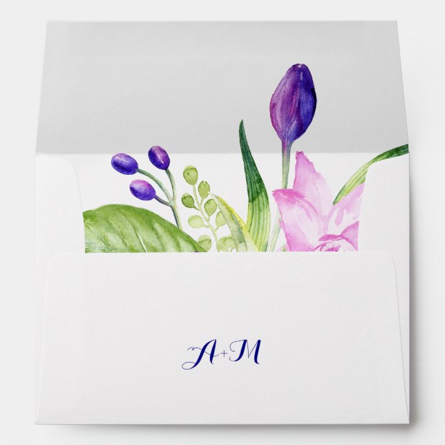 Enveloppe Aquarelle vert pâle prune mariage fleuri été (Dos (Bas))