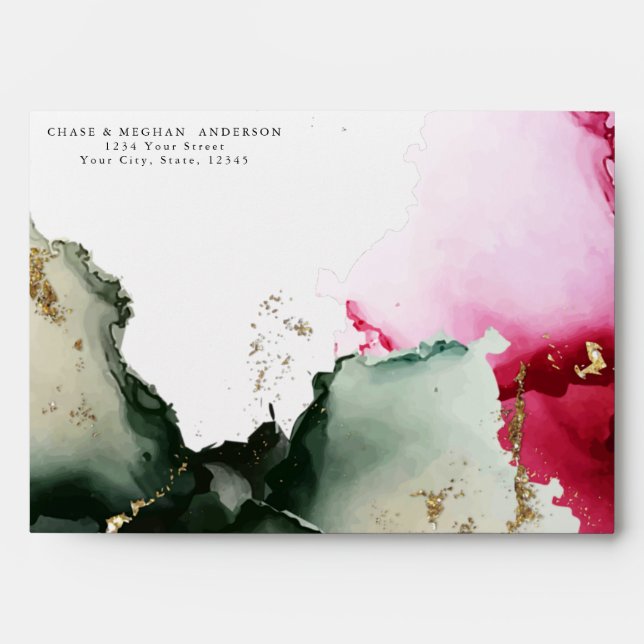 Enveloppe aquarelle vert sauge rose or (Devant)