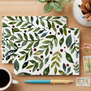 Enveloppe Aquarelle verte branches saisonnières et baies