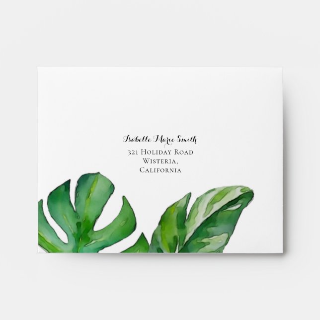 Enveloppe Aquarelle verte tropicale Monstera Feuilles RSVP (Devant)
