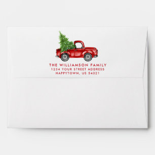 Enveloppe Aquarelle Vintage Camion rouge avec arbre de Noël
