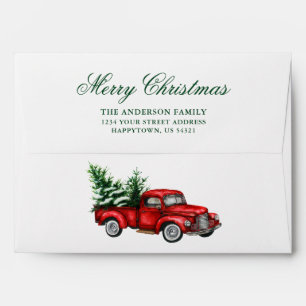 Enveloppe Aquarelle Vintage Camion Rouge Vert Joyeux Noël