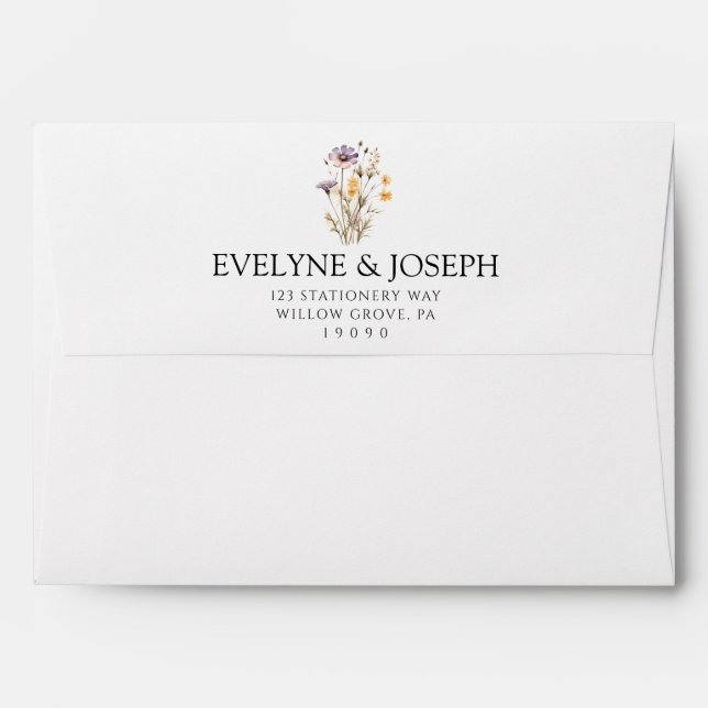 Enveloppe Aquarelle violet Bouquet Fleurs sauvages Boho Mari (Dos (Haut rabat))