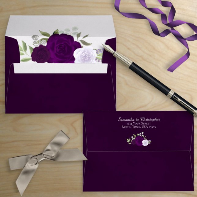 Enveloppe Aquarelle violet de prune foncée Floral Mariage él (Créateur téléchargé)