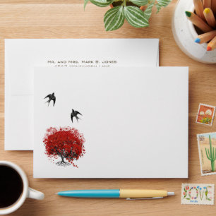 Enveloppe Arbre à feuilles de coeur rouge