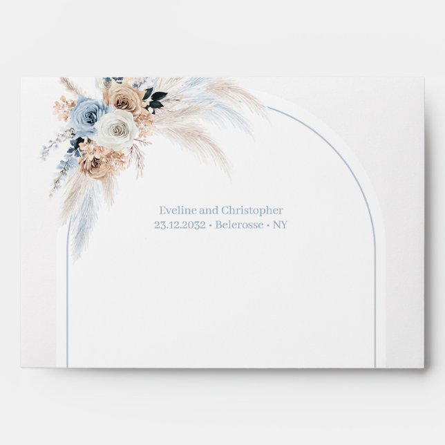 Enveloppe Arche rose beige aux fleurs bleues et tendance (Devant)