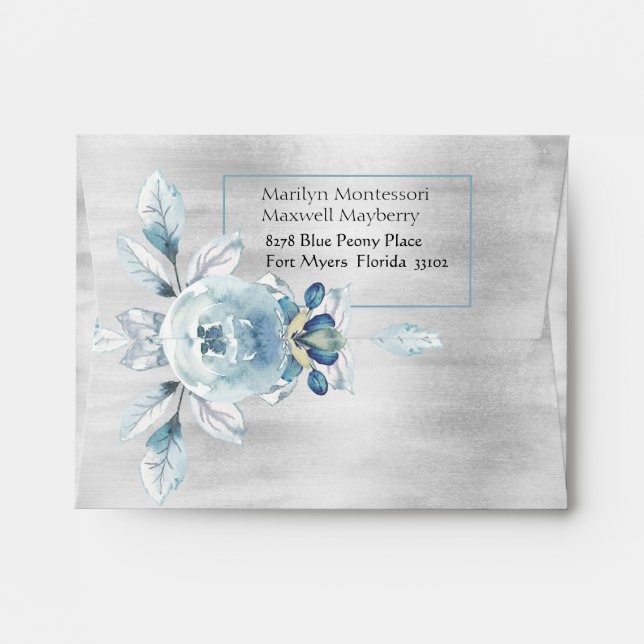 Enveloppe Argent Dusty Blue Peony Enregistrer La Date Merci (Dos (Haut rabat))
