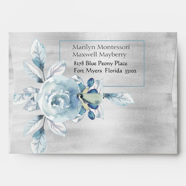 Enveloppe Argent Dusty Blue Peony Mariage 5 x 7 " Invitation (Dos (Haut rabat))