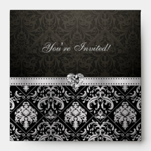Enveloppe Argent élégant et damassé noire "vous êtes invités