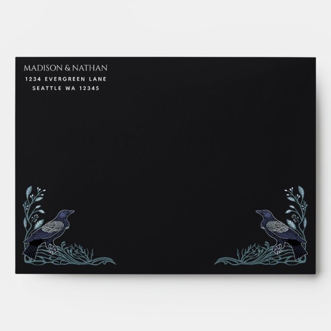Enveloppe Argent Enchantée Gothique Corbeau Mariage Floral (Devant)