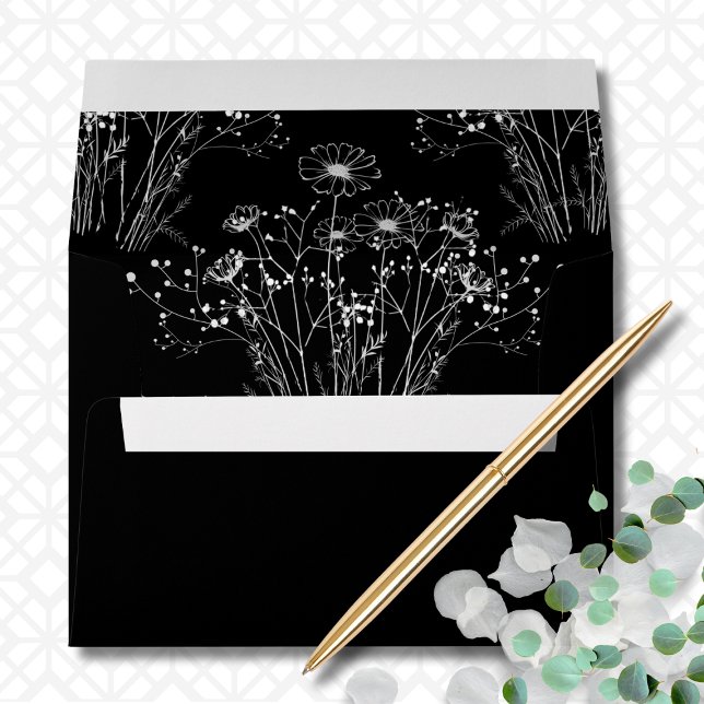 Enveloppe Arrière - plan noir blanc simple Mariage floral (Créateur téléchargé)