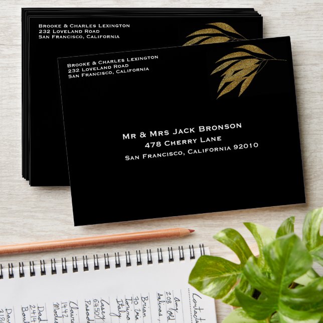 Enveloppe Art Déco Gold Roses Feuille Black Stripes Mariage (Stacked)
