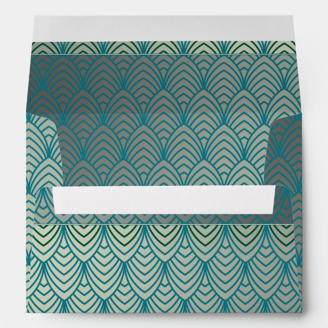 Enveloppe Art déco, motif ventilateur, turquoise, blanc, mot (Dos (Bas))