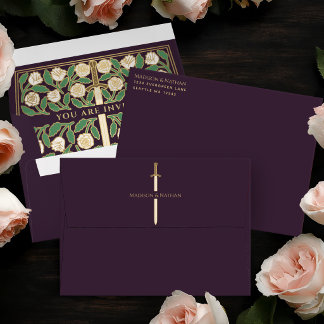 Enveloppe Aubergine Or Blanc Floral Épée Mariage Royal