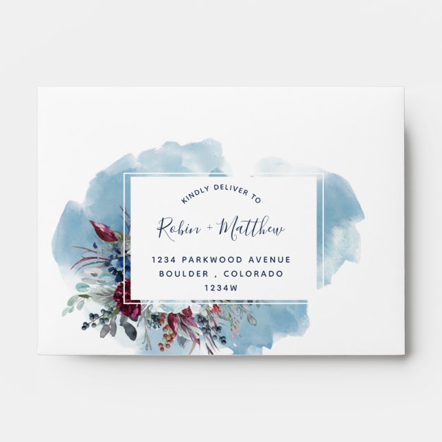 Enveloppe Autoadressés RSVP, Floral Violet Bleu Bourgogne (Devant)