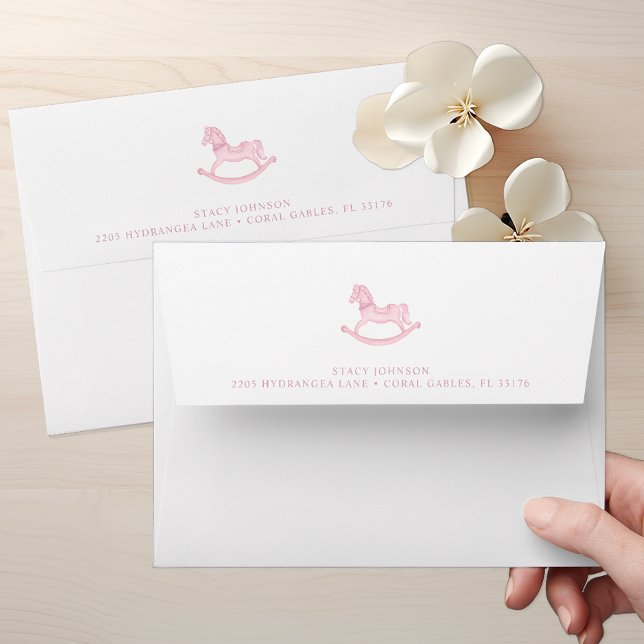 Enveloppe Baby shower Cheval Rosé Auto-Adressé (Pink Rocking Horse Baby Shower Self Addressed Envelope )