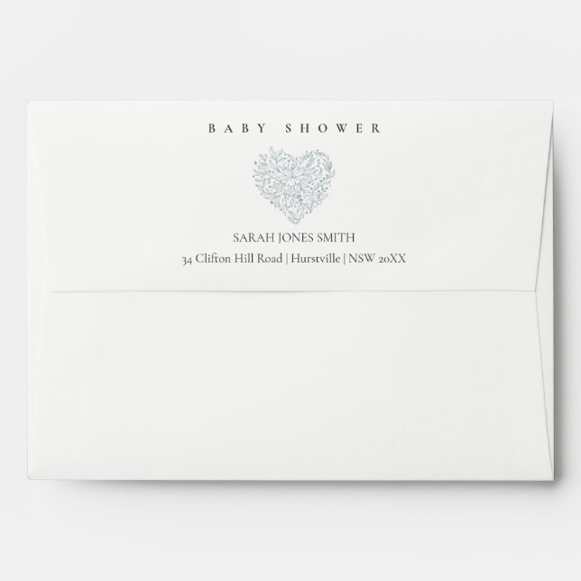 Enveloppe Baby shower de coeur floral bleu doux (Dos (Haut rabat))