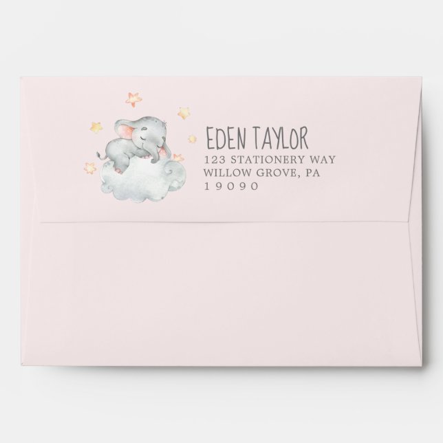 Enveloppe Baby shower de la petite fille éléphante qui dort (Dos (Haut rabat))