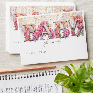Enveloppe Baby shower Floral Pink Gold Parties scintillant