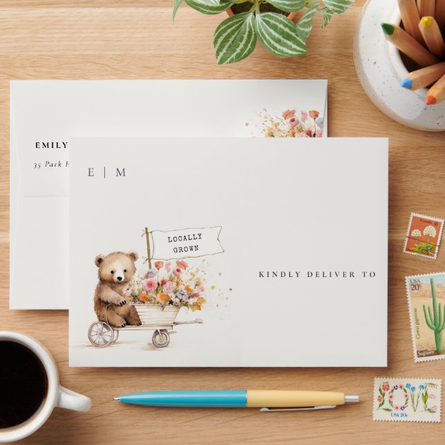 Enveloppe Baby shower Panier Floral Teddy Cute Localement Cu (Desk)