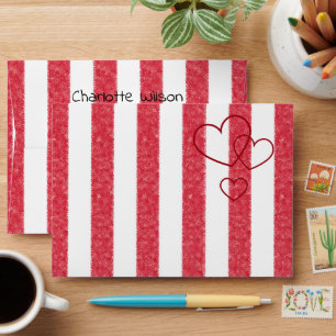 Enveloppe Baby Shower Triple Coeurs Rayures de Craie Rouge M