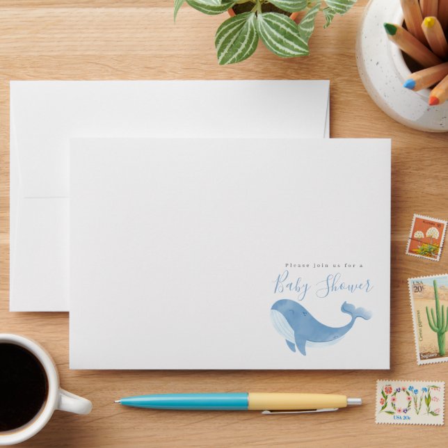 Enveloppe Baby shower Watercolor Blue Whale (Desk)