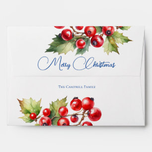 Enveloppe Baies de houx rouges sur carte de Noël blanche