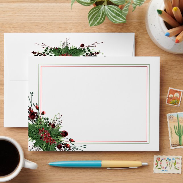 Enveloppe Baies rouges Green Holly Foliage Botanique (Desk)