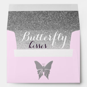 Enveloppe Baisers Papillon Pailleté Argent Rose