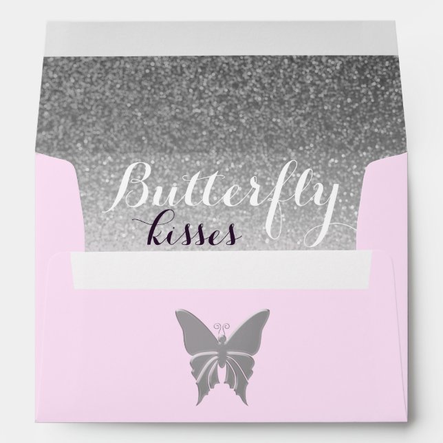 Enveloppe Baisers papillon Parties scintillant rose argent (Dos (Bas))