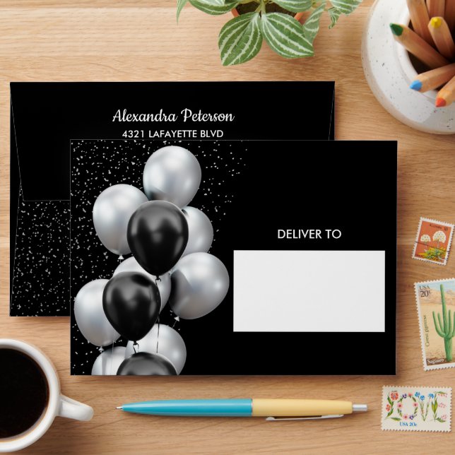 Enveloppe Ballon Noir Gris Anniversaire Chic (Desk)