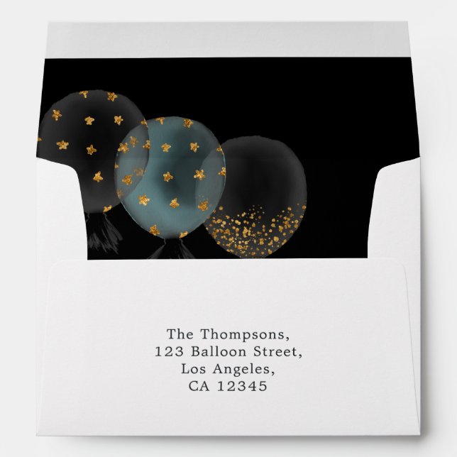 Enveloppe Ballons de Parties scintillant noir et or (Dos (Bas))