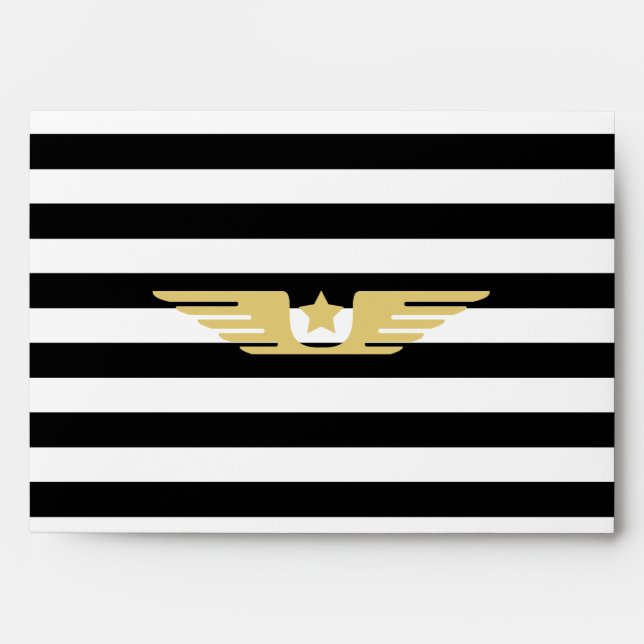 Enveloppe Bandes noires et blanches et ailes d'étoiles or et (Devant)