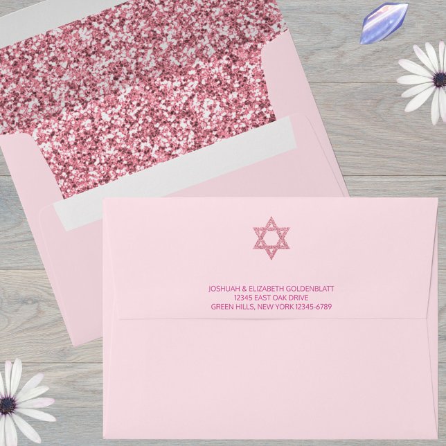 Enveloppe Bat mitzvah d'adresse de retour Glam Pink (Custom faux pink glitter envelopes for your Bat Mitzvah invitations)