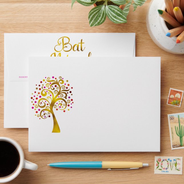 Enveloppe Bat mitzvah moderne Hot rose or Arbre de vie (Desk)